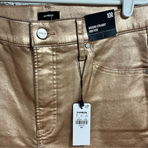 Express Ladies Rose Gold High Waisted Metallic Coated Modern Straight Jeans NWT - Picture 7 of 12